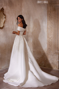 Ambrosia fitted mikado wedding dress with embroided lace and a detachable overskirt (Pre Order Only)