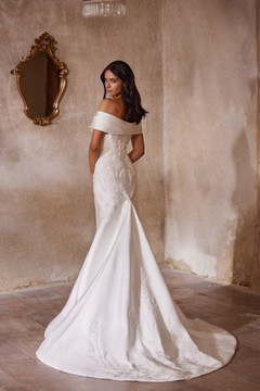 Ambroisa fitted mikado wedding dress with embroided lace and a detachable overskirt (Pre Order Only)
