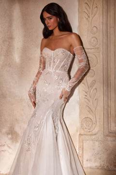 Avery Sweetheart Corset Fitted Dress with Beaded Lace and Removable Sleeves by Luce Sposa 