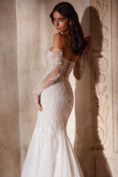 Avery Sweetheart Corset Fitted Dress with Beaded Lace and Removable Sleeves by Luce Sposa 