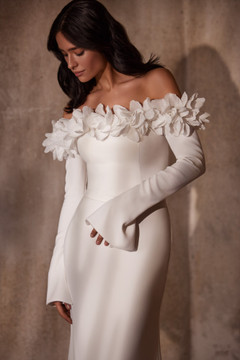 Iris Fitted Crepe Wedding Gown with Off-Shoulder Sleeves and 3D Flowers by Luce Sposa