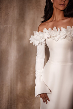 Iris Fitted Crepe or Mikado Wedding Gown with Off-Shoulder Sleeves and 3D Flowers by Luce Sposa 