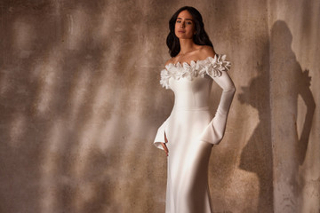 Iris Fitted Crepe Wedding Gown with Off-Shoulder Sleeves and 3D Flowers by Luce Sposa (Pre Order Only)