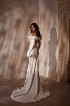 Iris Fitted Crepe or Mikado Wedding Gown with Off-Shoulder Sleeves and 3D Flowers by Luce Sposa 