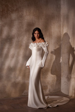 Iris Fitted Crepe Wedding Gown with Off-Shoulder Sleeves and 3D Flowers by Luce Sposa (Pre Order Only)