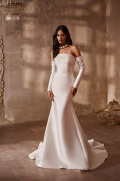Romilly Asymmetric Mikado Fitted Wedding Dress by Luce Sposa with Optional overlay skirt