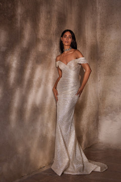 'Luxury' Glitter Mesh Fitted Wedding Dress with Off Shoulder Sleeve and Corset back by Luce Sposa (Pre Order Only)