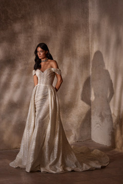 'Luxury' Glitter Mesh Fitted Wedding Dress with Off Shoulder Sleeve and Corset back by Luce Sposa (Pre Order Only)