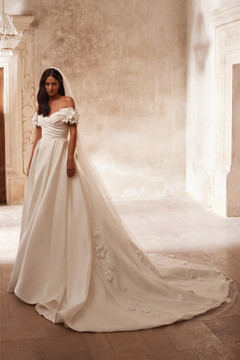 Maeve A-line Mikado Wedding Dress with a Ruched Bodice and 3D Flower Sleeves by Luce Sposa (Pre Order Only)