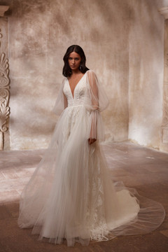 Sally Boho Style Natural Lace and Mesh A Line Wedding Dress with Removable Sleeves by Luce Sposa 