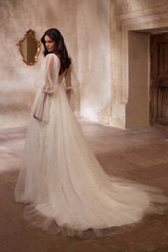Sally Boho Style Natural Lace and Mesh A Line Wedding Dress with Removable Sleeves by Luce Sposa (Available Online Only)