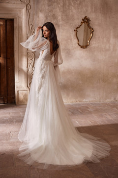 Sally Boho Style Natural Lace and Mesh A Line Wedding Dress with Removable Sleeves by Luce Sposa 