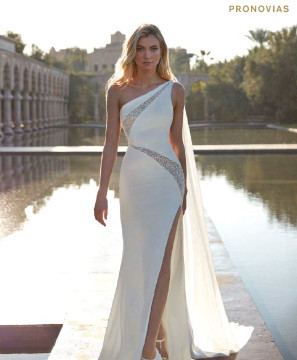 Senja Fitted Crepe Wedding Gown with Beaded Cut outs and Detachable Tail by Pronovias