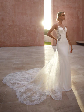 Viki Lace Mermaid Wedding Gown with Illusion Back by Pronovias 