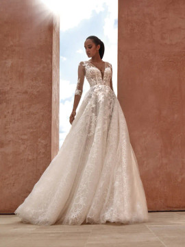 Flaminia Lace A-line Wedding Gown with Illusion Long Sleeves by Pronovias (Available Online Only)