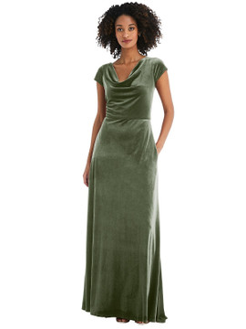 Cowl-Neck Cap Sleeve Velvet Maxi Dress with Pockets by After Six 1535 in 8 colors