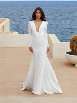 ADRIENNE Wedding Gown By Pronovias Bridal Long-sleeved, V-neck mermaid wedding dress in crepe closed back