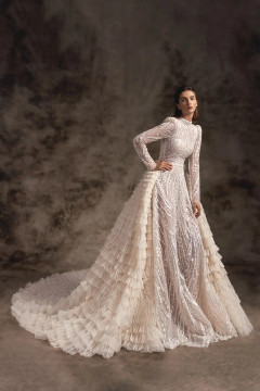 Bristol Beaded Lace A-line Long Sleeves Wedding Dress by Wona Concept with optional Overlay skirt