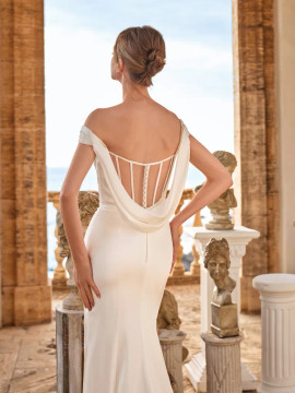 FEME Wedding Dress by Pronovias Sleeveless mermaid wedding dress with off the shoulder V-neck and low corset back