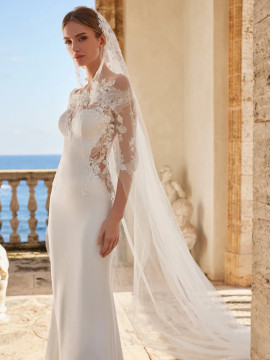 ATENEA Wedding Dress by Pronovias Mermaid crepe wedding dress with three-quarter sleeves and tatto back 