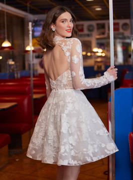 SUSU A line sweet heart lace with detachable mock neck jacket mini Wedding Gown by Calla Blanche Bridal AA2347