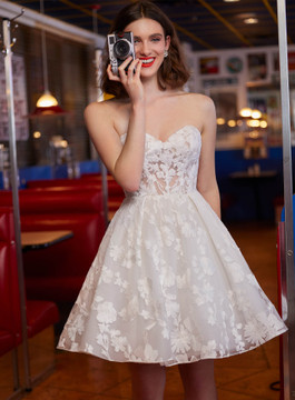 SUSU A line sweet heart lace with detachable mock neck jacket mini Wedding Gown by Calla Blanche Bridal AA2347