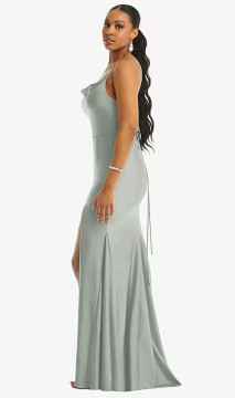 Cowl-Neck Open Tie-Back Stretch Satin Mermaid Dress with Slight Train CS105 by Cynthia & Sahar in willow green in M (AU14)