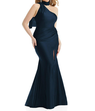 Scarf Neck One-Shoulder Stretch Satin Mermaid Dress with Slight Train CS109 by  Cynthia & Sahar in cabernet in M (AU14)