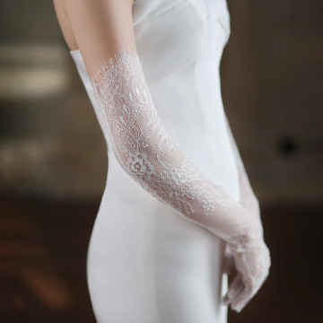 Ivory lace tulle long bridal gloves