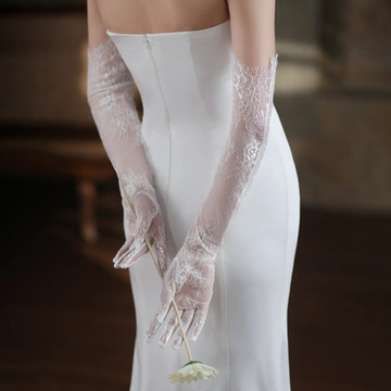 Ivory lace tulle long bridal gloves