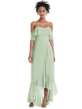 Off-the-Shoulder Ruffled High Low Maxi Dress Thread Bridesmaid Style TH039  in 64 colors in celadon