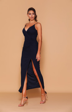 Dela Dress By Les Demoiselle LD1097 V Neck Spaghetti Strap Ruched Long Gown with High Front Split