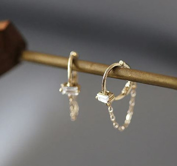 Square Crystal Chain Hoop Earrings in 925 Sterling Silver and Plating 14K Gold