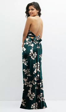 FLORAL PLUNGE HALTER OPEN-BACK MAXI BIAS DRESS WITH TIE BAC After Six 6885FP by Dessy available in 2 colours