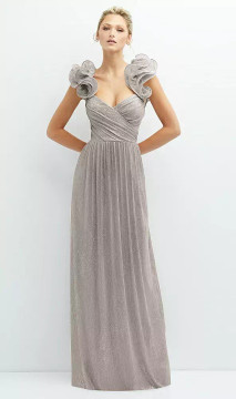 DRAMATIC RUFFLE EDGE CONVERTIBLE STRAP METALLIC PLEATED MAXI DRESS After Six 6883 by Dessy available in 4 colours