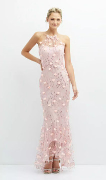 SHEER HALTER NECK 3D FLORAL EMBROIDERED DRESS WITH HIGH-LOW HEM 3137 by Dessy available in 6 colours