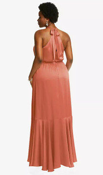 TIE-NECK HALTER MAXI DRESS WITH ASYMMETRIC CASCADE RUFFLE SKIRT IN TERRACOTTA COPPER in USA Medium