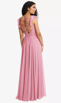 SHIRRED CROSS BODICE LACE UP OPEN-BACK MAXI DRESS WITH FLUTTER SLEEVES IN PEONY PINK in USA 14(aus16)