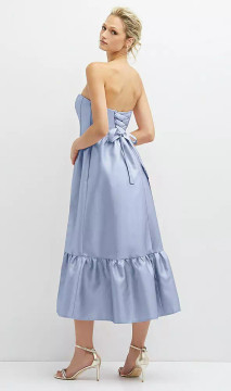STRAPLESS SATIN MIDI CORSET DRESS WITH LACE-UP BACK & RUFFLE HEM 3141 by Dessy available in 42 colours