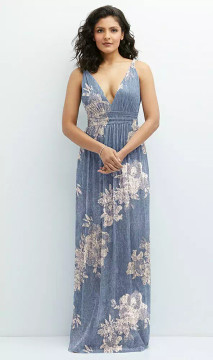 PLUNGE V-NECK METALLIC PLEATED MAXI DRESS WITH FLORAL GOLD FOIL PRINT 6880FP by Dessy available in 3 colours