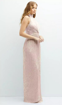 BAND COLLAR HALTER OPEN-BACK METALLIC PLEATED MAXI DRESS WITH FLORAL GOLD FOIL PRINT 6882FP by Dessy available in 3 colours