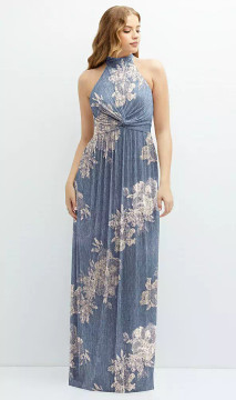 BAND COLLAR HALTER OPEN-BACK METALLIC PLEATED MAXI DRESS WITH FLORAL GOLD FOIL PRINT 6882FP by Dessy available in 3 colours