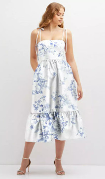 FLORAL SHIRRED RUFFLE HEM MIDI DRESS WITH SELF-TIE SPAGHETTI STRAPS AND POCKETS BB140FP by Dessy in 2 colors