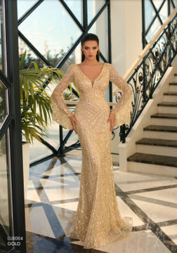 Long Sleeved Floor Length Dress by Nicoletta LUX004 in Gold, Plum, Powder Rose