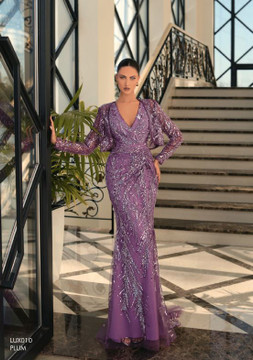 V-neck Floor Length Dress with Bolero LUX010 by Nicoletta in Bronze, Emerald, Plum