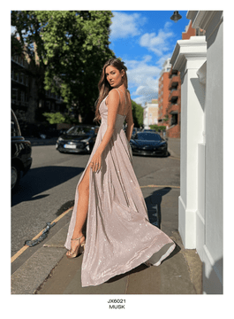 Lainey Evening Formal Dress JX6021 By Jadore Evening Glitter V-Neck Empire Waist Ball Gown with Slit Musk size 12