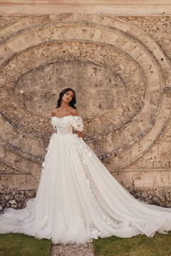 Fervora Basque Waisted A-line Off the Shoulder Chantilly Lace Wedding Gown with 3 D Flowers ( available in Natural Waisted $2800)
