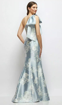 Bow One-Shoulder Satin Floral Maxi Dress with Trumpet Skirt in Porcelain Blue Seraphina Floral D879FP 