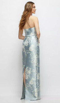 Floral Strapless Satin Column Dress with Bow-Trimmed Skinny Belt in Porcelain Blue Seraphina Floral