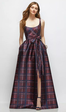 Scoop-Neck Tank Bodice Alba Tartan Satin Maxi Dress with Full Skirt in Cabernet Midnight Tartan 3176
